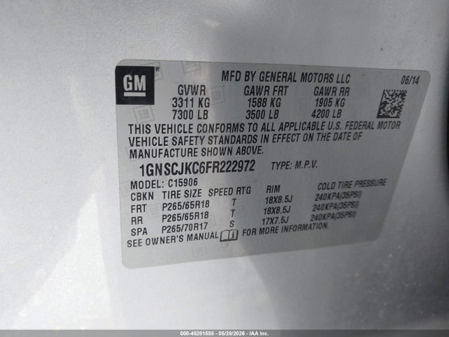 Chevrolet Suburban 1500 Lt 2015 1GNSCJKC6FR222972 Image 9