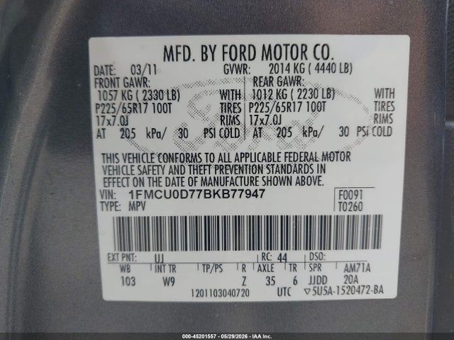 Продажа на аукционе авто 2011 Ford Escape Xlt, vin: 1FMCU0D77BKB77947, номер лота: 45201557