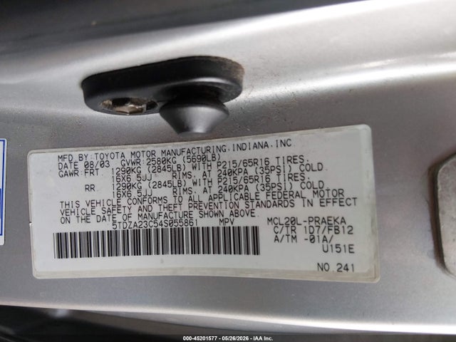 Aukcja sprzedaży 2004 Toyota Sienna Le, vin: 5TDZA23C54S055861, numer aukcji: 45201577