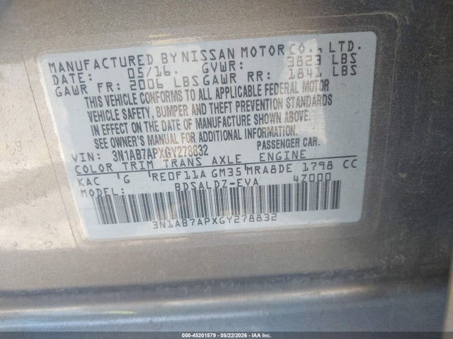Aukcja sprzedaży 2016 Nissan Sentra Sv, vin: 3N1AB7APXGY278832, numer aukcji: 45201579