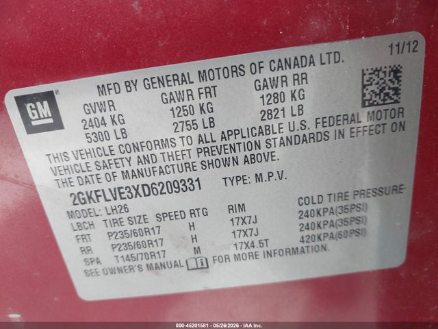 Aukcja sprzedaży 2013 Gmc Terrain Slt-1, vin: 2GKFLVE3XD6209331, numer aukcji: 45201581