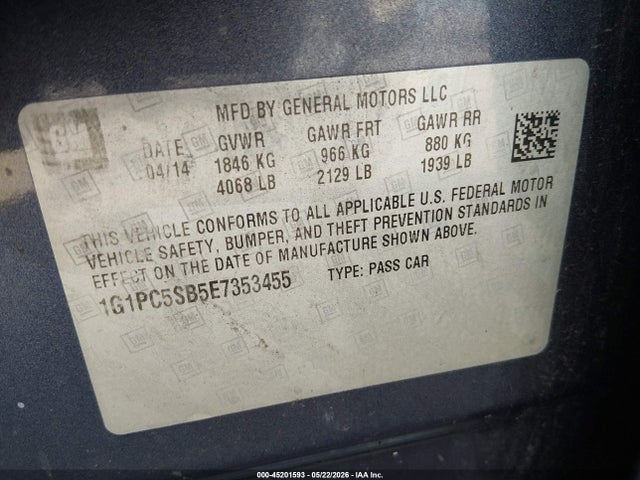 45201593 :رقم المزاد ، 1G1PC5SB5E7353455 vin ، 2014 Chevrolet Cruze 1lt Auto مزاد بيع