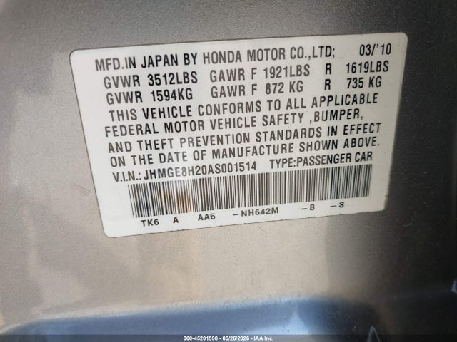 Продажа на аукционе авто 2010 Honda Fit, vin: JHMGE8H20AS001514, номер лота: 45201598