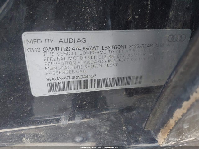 2013 Audi A4 2.0t Premium მანქანა იყიდება აუქციონზე, vin: WAUAFAFL4DN044437, აუქციონის ნომერი: 45201606
