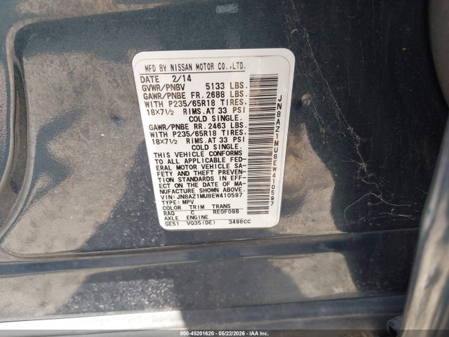 45201620 :رقم المزاد ، JN8AZ1MU8EW410597 vin ، 2014 Nissan Murano Sv مزاد بيع
