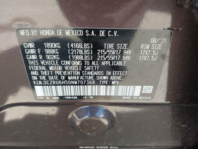 Aukcja sprzedaży 2022 Honda Hr-v Awd Ex, vin: 3CZRU6H50NM707368, numer aukcji: 45201624