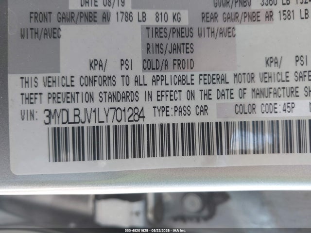 Toyota YARIS LE 2020 3MYDLBJV1LY701284 Image 9