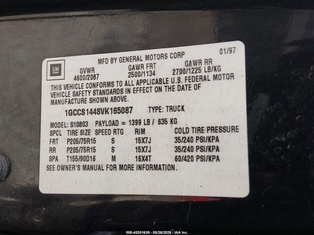 1997 Chevrolet S-10 Ls მანქანა იყიდება აუქციონზე, vin: 1GCCS1448VK165087, აუქციონის ნომერი: 45201639