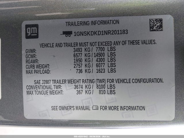 2022 Chevrolet Suburban 4wd Z71 მანქანა იყიდება აუქციონზე, vin: 1GNSKDKD1NR201183, აუქციონის ნომერი: 45201642