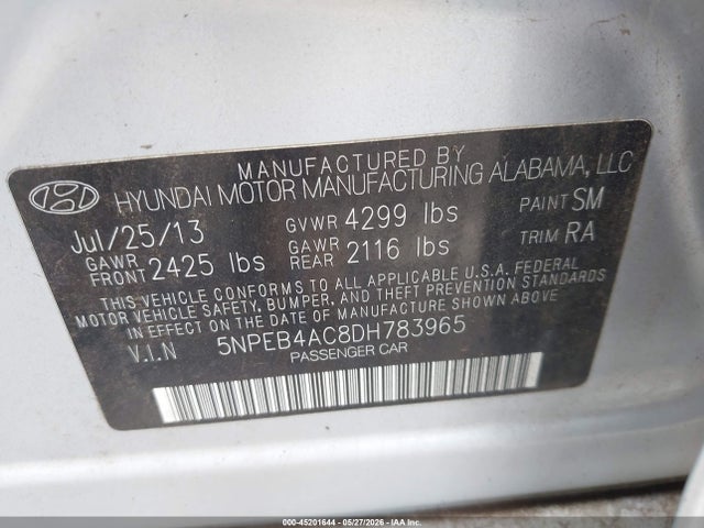 Aukcja sprzedaży 2013 Hyundai Sonata Gls, vin: 5NPEB4AC8DH783965, numer aukcji: 45201644