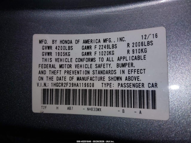Honda ACCORD LX 2017 1HGCR2F39HA119608 Image 9