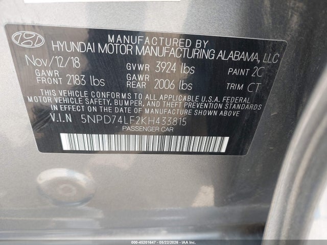 Продаж на аукціоні авто 2019 Hyundai Elantra Se, vin: 5NPD74LF2KH433815, номер лоту: 45201647