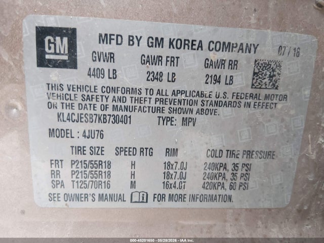 Aukcja sprzedaży 2019 Buick Encore Awd Preferred, vin: KL4CJESB7KB730401, numer aukcji: 45201650