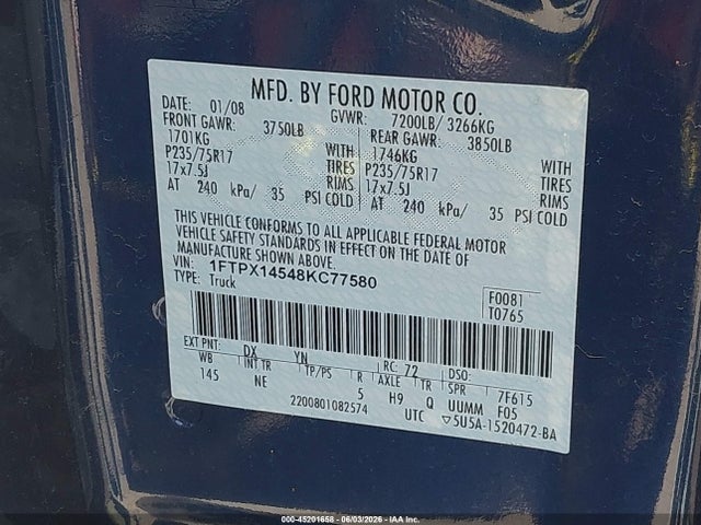 45201658 :رقم المزاد ، 1FTPX14548KC77580 vin ، 2008 Ford F-150 Fx4/lariat/xl/xlt مزاد بيع