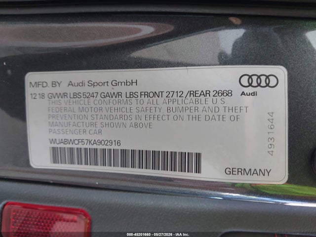Aukcja sprzedaży 2019 Audi Rs 5 2.9t, vin: WUABWCF57KA902916, numer aukcji: 45201660