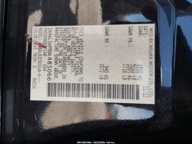Auction sale of the 2013 Nissan Altima 2.5 S, vin: 1N4AL3AP9DN485066, lot number: 45201664