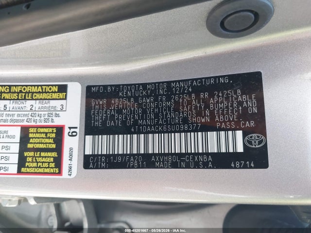 Продаж на аукціоні авто 2025 Toyota Camry Le, vin: 4T1DAACK6SU098377, номер лоту: 45201667