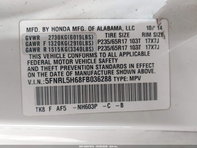Honda Odyssey Ex-l 2015 5FNRL5H68FB036288 Image 9