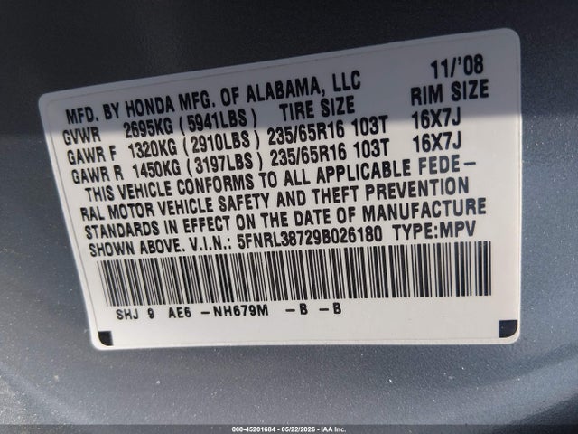 Auction sale of the 2009 Honda Odyssey Ex-l, vin: 5FNRL38729B026180, lot number: 45201684