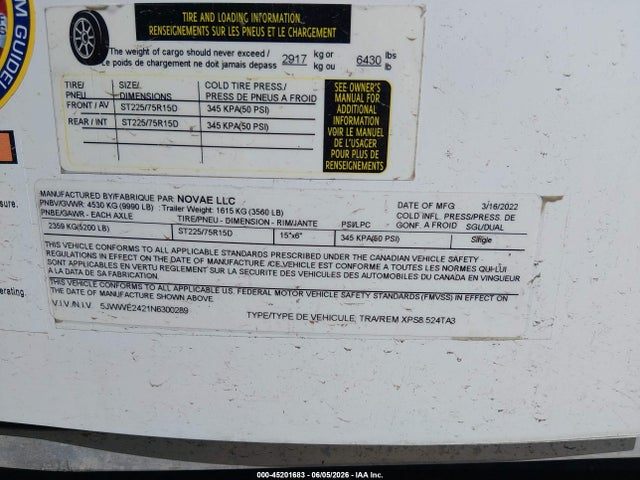 45201683 :رقم المزاد ، 5JWWE2421N6300289 vin ، 2022 Mirage Trailers 8.5x24 Enclosed Carg مزاد بيع