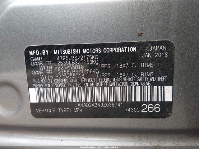 Продаж на аукціоні авто 2018 Mitsubishi Outlander Es, vin: JA4AD2A34JZ038741, номер лоту: 45201700