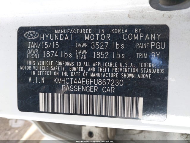 45201703 :رقم المزاد ، KMHCT4AE6FU867230 vin ، 2015 Hyundai Accent Gls مزاد بيع