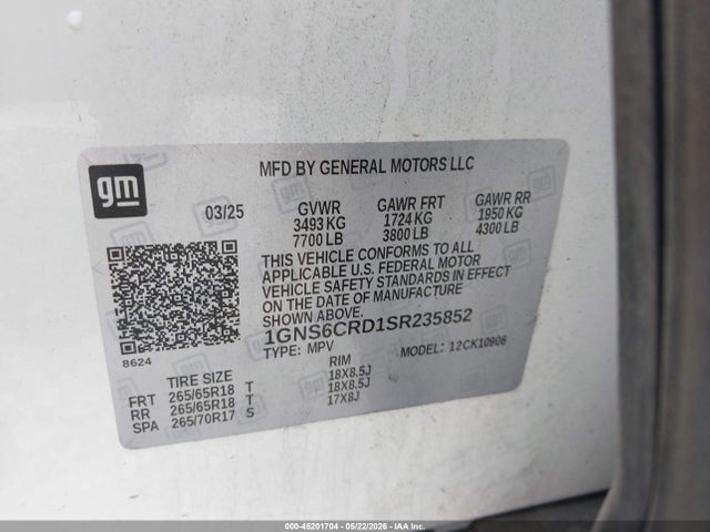 2025 Chevrolet Suburban 4wd Lt მანქანა იყიდება აუქციონზე, vin: 1GNS6CRD1SR235852, აუქციონის ნომერი: 45201704