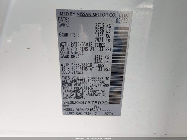 Aukcja sprzedaży 2020 Nissan Pathfinder Sl 4wd, vin: 5N1DR2CM0LC578020, numer aukcji: 45201706