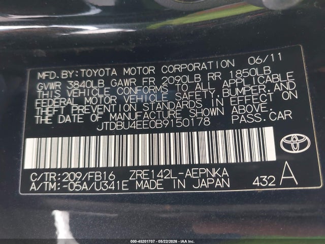 45201707 :رقم المزاد ، JTDBU4EE0B9150178 vin ، 2011 Toyota Corolla Le مزاد بيع