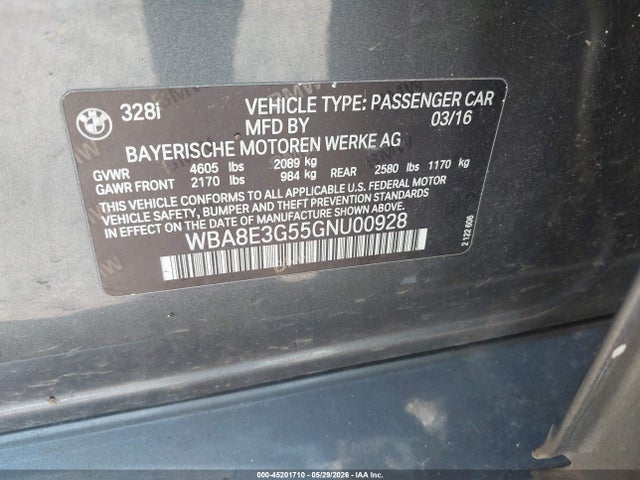 2016 Bmw 328i Xdrive მანქანა იყიდება აუქციონზე, vin: WBA8E3G55GNU00928, აუქციონის ნომერი: 45201710
