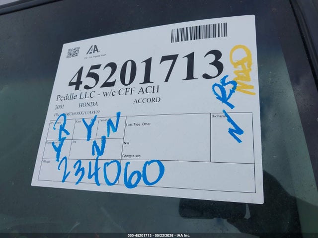 2001 Honda Accord 2.3 Ex მანქანა იყიდება აუქციონზე, vin: JHMCG658X1C018109, აუქციონის ნომერი: 45201713