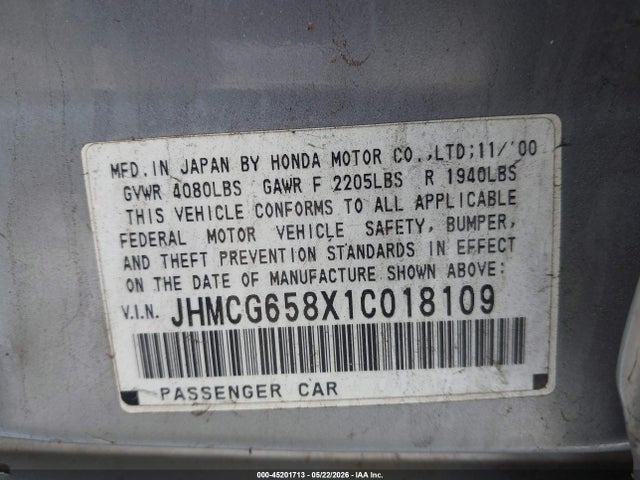 2001 Honda Accord 2.3 Ex მანქანა იყიდება აუქციონზე, vin: JHMCG658X1C018109, აუქციონის ნომერი: 45201713