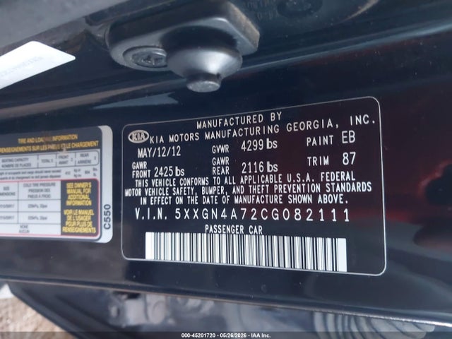 Auction sale of the 2012 Kia Optima Ex, vin: 5XXGN4A72CG082111, lot number: 45201720