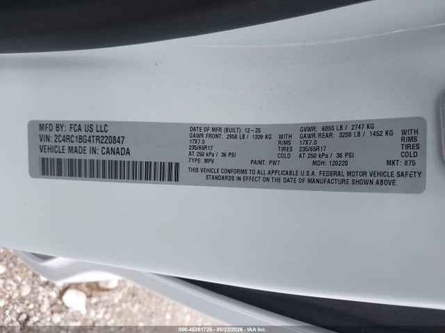 2026 Chrysler Pacifica Select მანქანა იყიდება აუქციონზე, vin: 2C4RC1BG4TR220847, აუქციონის ნომერი: 45201725