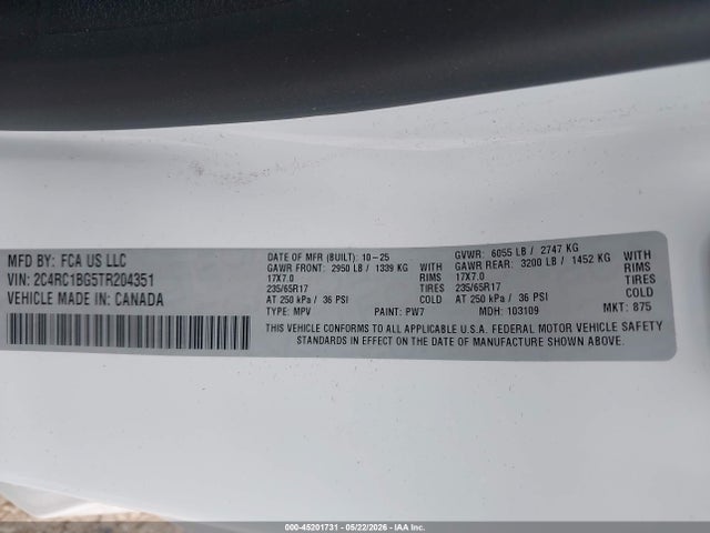 45201731 :رقم المزاد ، 2C4RC1BG5TR204351 vin ، 2026 Chrysler Pacifica Select مزاد بيع