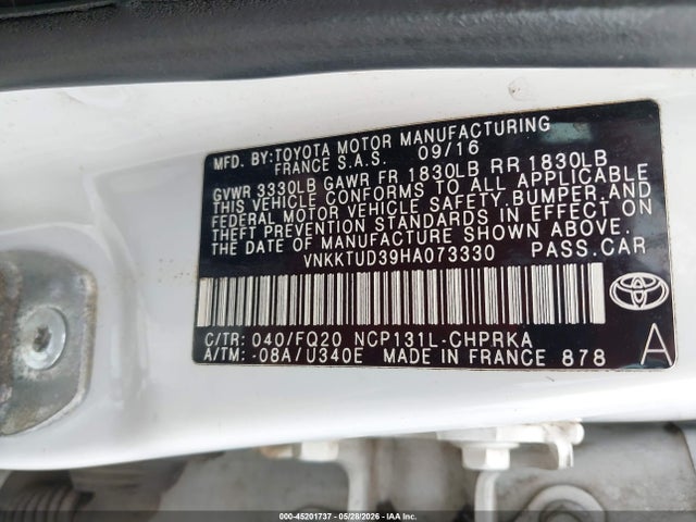 2017 Toyota Yaris L მანქანა იყიდება აუქციონზე, vin: VNKKTUD39HA073330, აუქციონის ნომერი: 45201737