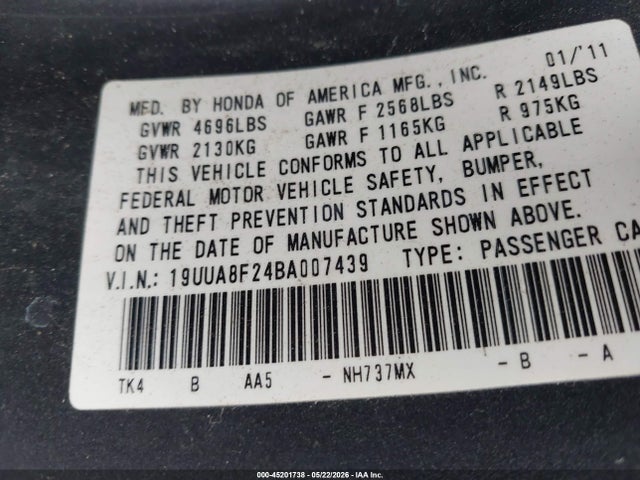 Auction sale of the 2011 Acura Tl 3.5, vin: 19UUA8F24BA007439, lot number: 45201738