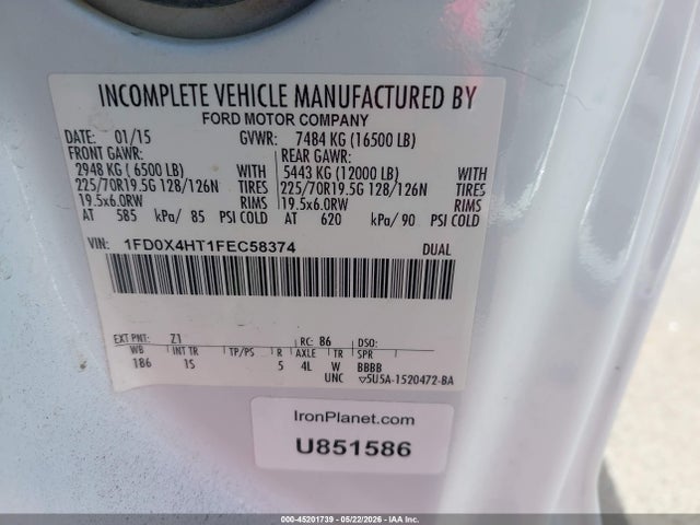 Auction sale of the 2015 Ford F-450 Chassis Xl, vin: 1FD0X4HT1FEC58374, lot number: 45201739