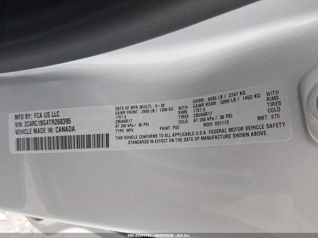Продаж на аукціоні авто 2026 Chrysler Pacifica Select, vin: 2C4RC1BG4TR268395, номер лоту: 45201741