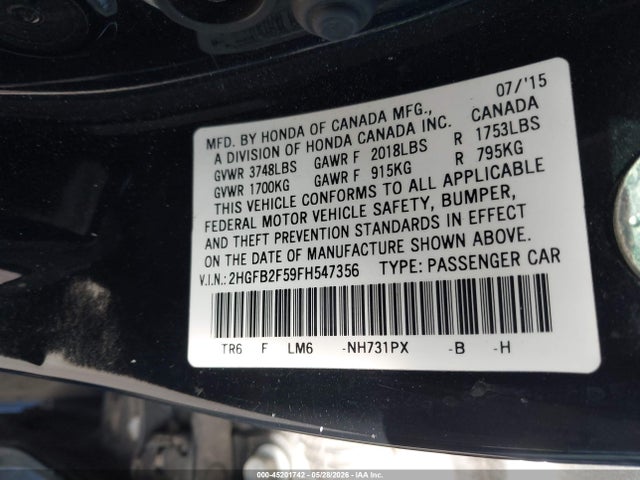 Honda Civic Lx 2015 2HGFB2F59FH547356 Image 9
