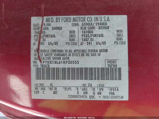 Продаж на аукціоні авто 2001 Ford F-150 Lariat/xl/xlt, vin: 1FTRX18L61KF20555, номер лоту: 45201756