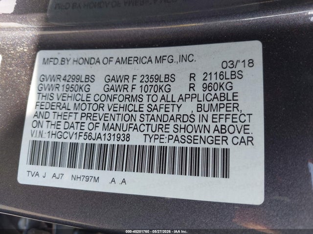 Honda Accord Ex-l 2018 1HGCV1F56JA131938 Image 9