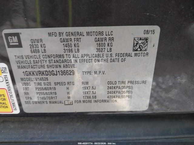 Продаж на аукціоні авто 2016 Gmc Acadia Slt-1, vin: 1GKKVRKD3GJ136629, номер лоту: 45201774