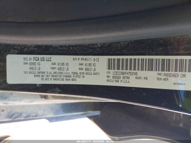 Aukcja sprzedaży 2015 Chrysler 200 Limited, vin: 1C3CCCABXFN753749, numer aukcji: 45201777