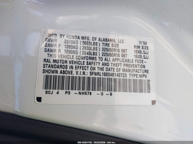 Aukcja sprzedaży 2004 Honda Odyssey Ex, vin: 5FNRL18854B142723, numer aukcji: 45201782