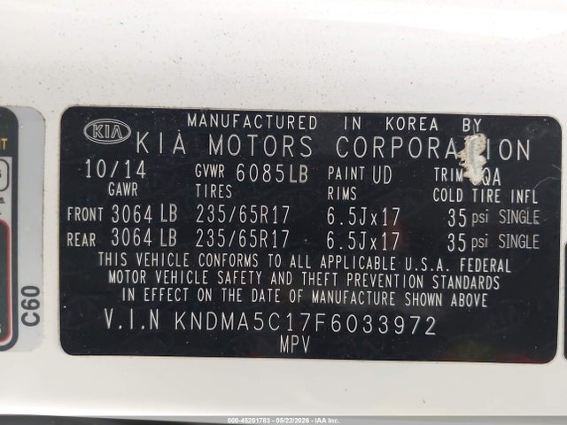 Aukcja sprzedaży 2015 Kia Sedona L, vin: KNDMA5C17F6033972, numer aukcji: 45201783