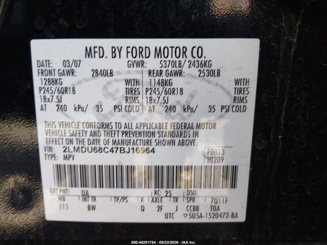 Aukcja sprzedaży 2007 Lincoln Mkx, vin: 2LMDU68C47BJ16964, numer aukcji: 45201784