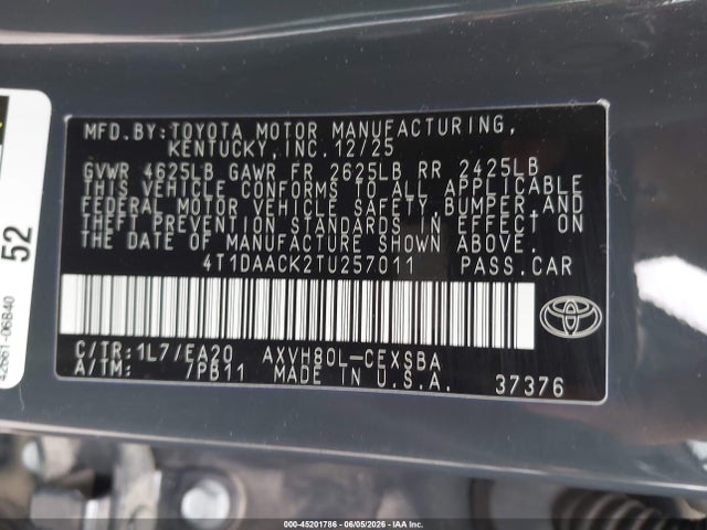 Продаж на аукціоні авто 2026 Toyota Camry Se, vin: 4T1DAACK2TU257011, номер лоту: 45201786