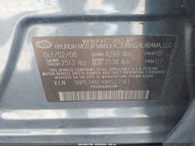 45201790 :رقم المزاد ، 5NPET46C49H527061 vin ، 2009 Hyundai Sonata Gls مزاد بيع