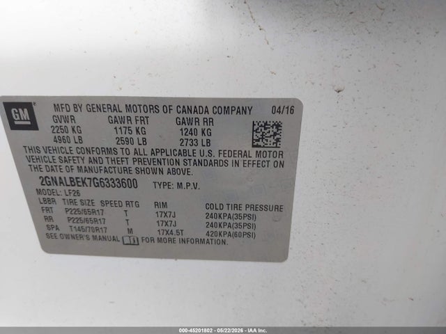 45201802 :رقم المزاد ، 2GNALBEK7G6333600 vin ، 2016 Chevrolet Equinox Ls مزاد بيع
